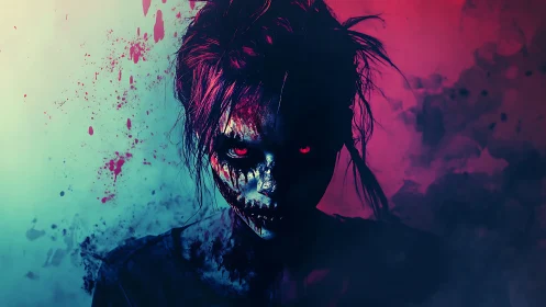 Zombie-like figure with red eyes in split color lighting.