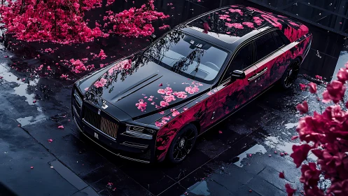 Luxury sedan with floral vinyl wrap parked on wet pavement