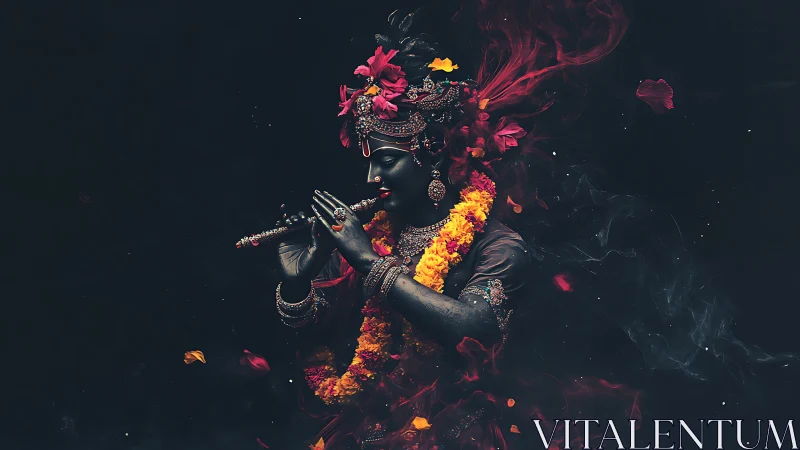 Divine flute player emerges from swirling smoke and petals