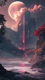 Luminous red monolith beneath vast rose-tinted moonrise.