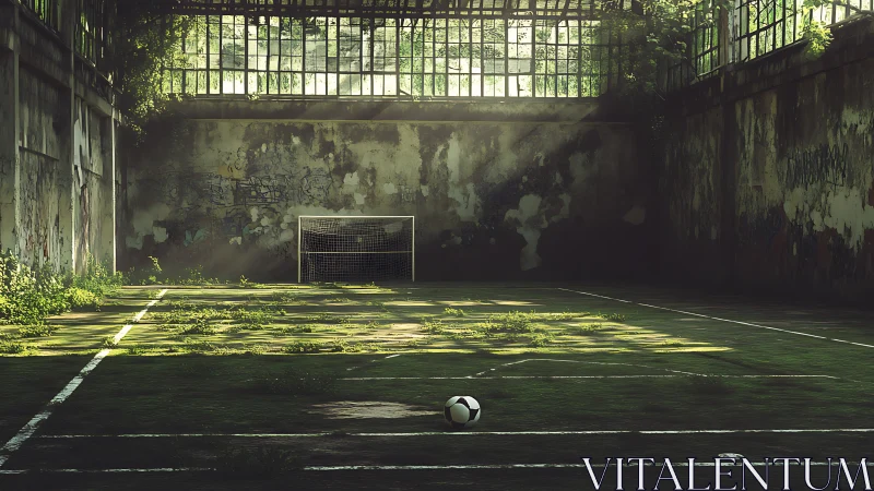 Abandoned indoor soccer court overgrown with greenery.