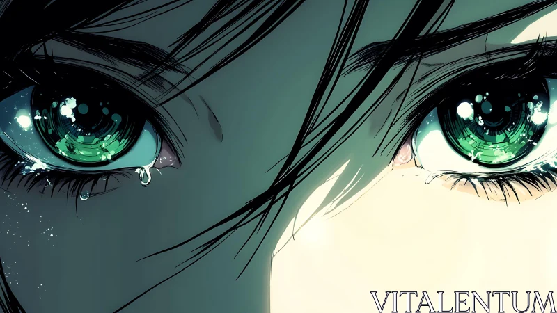 Emerald anime eyes with tears in close emotional portrait.