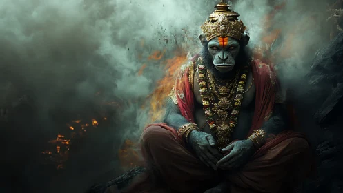 Mythic simian deity rendered with dense smoke, embers and ornate regalia