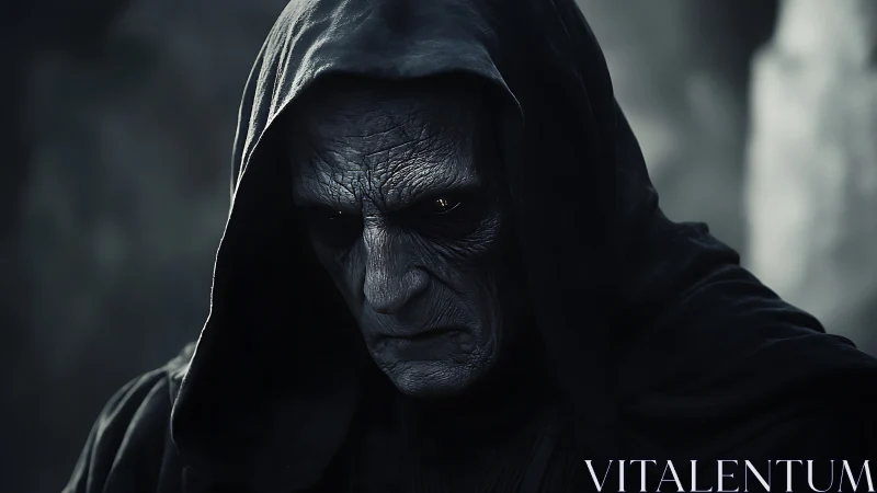 Hooded humanoid figure stares downward with heavily lined face