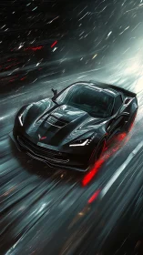 Black supercar cuts through neon rain at high speed