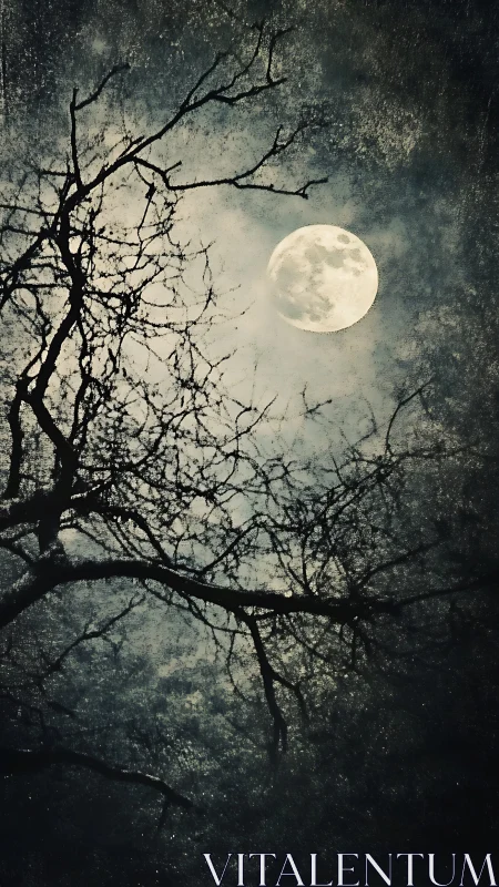 Nocturnal full moon framed by silhouetted winter branches.
