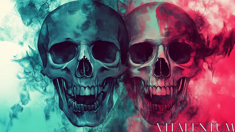 Bichromatic smoke-wreathed skull duo in vivid spectral contrast.