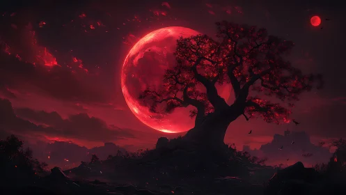Blood-moon blossom tree guarding a crimson twilight realm.