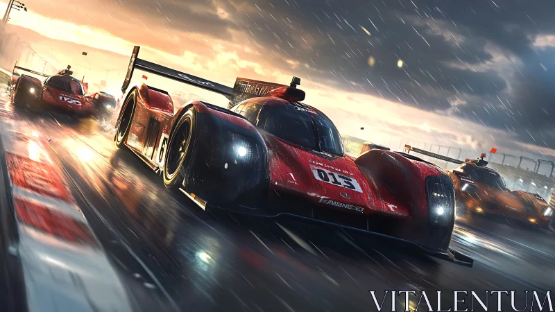 Endurance prototype race car powers through wet night circuit.