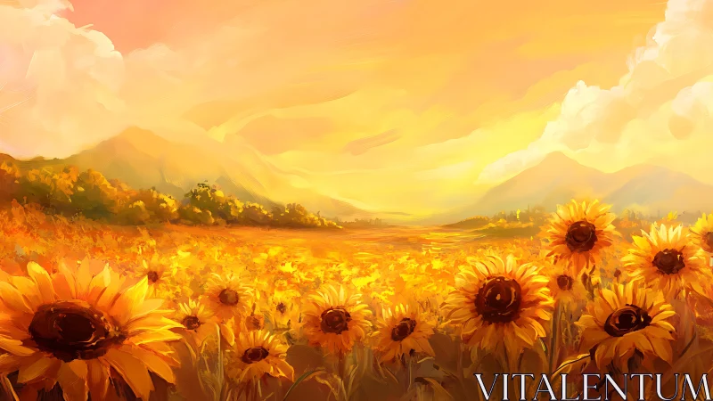 Sunlit sunflower field rendered with warm impressionistic brushwork