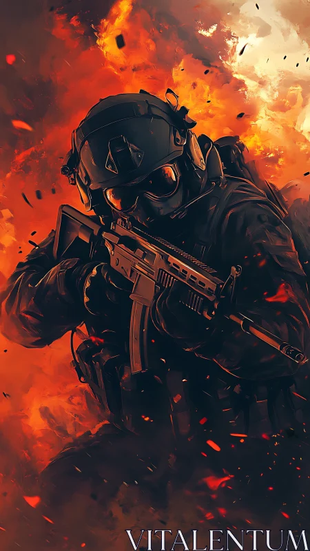 Armored soldier advances through blazing battlefield inferno