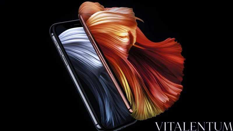 Modern smartphone with vibrant abstract flowing colors on black. Modern smartphone with vibrant abstract flowing colors on black.