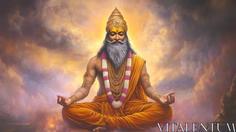 Meditating sage in lotus pose under volumetric divine backlight