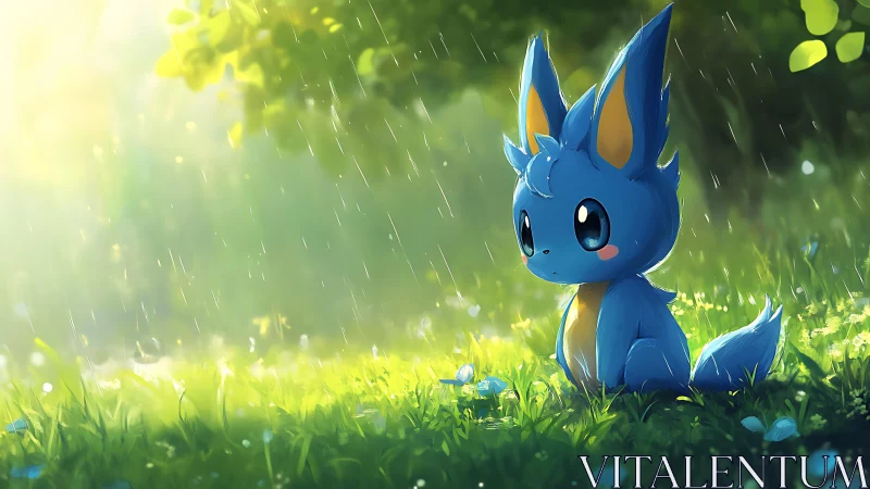 Blue forest sprite listens to soft rain in glowing meadow.