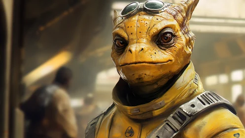 Alien pilot in yellow flight suit stands inside spaceport.