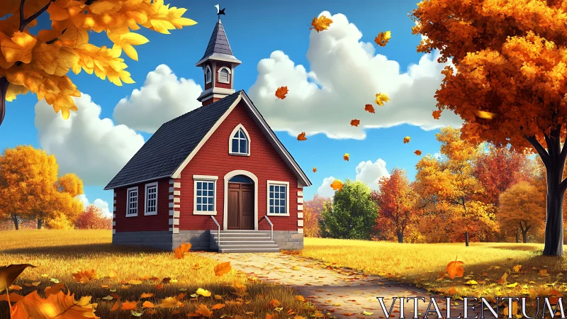 Crimson chapel cottage basking under swirling autumn sky.
