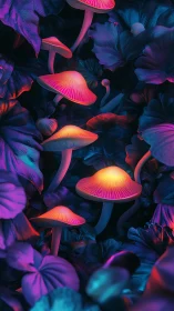 Bioluminescent-style mushrooms in dense foliage at night.