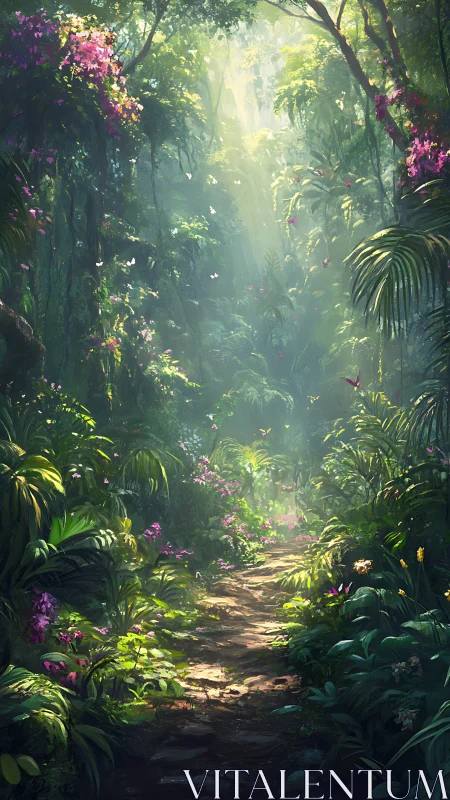 Luminous forest corridor with flowering vegetation.