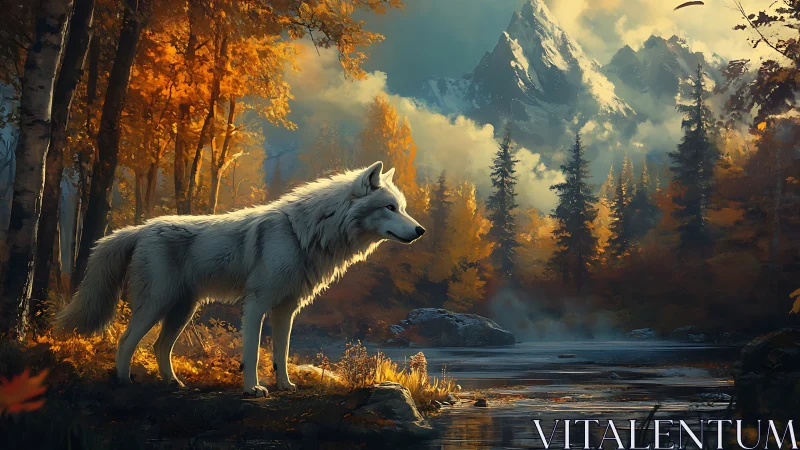 White wolf overlooking autumn alpine river in golden light.