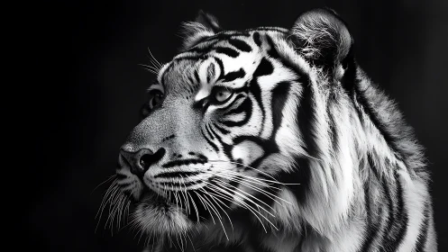 Quiet strength shines in a tiger’s calm black and white gaze