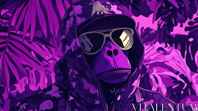 Purple neon gorilla in hoodie and shades in jungle scene.