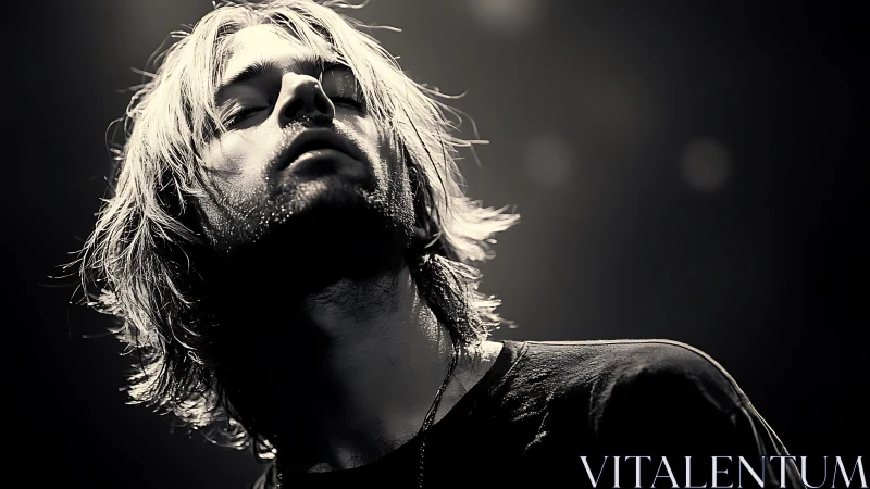 Backlit rock vocalist in dramatic monochrome closeup portrait.