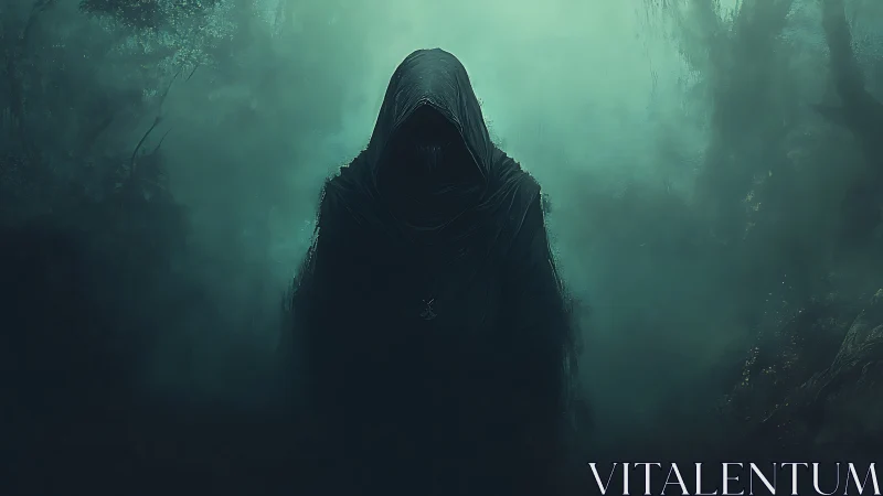 Mysterious cloaked wanderer emerging from a misty forest.