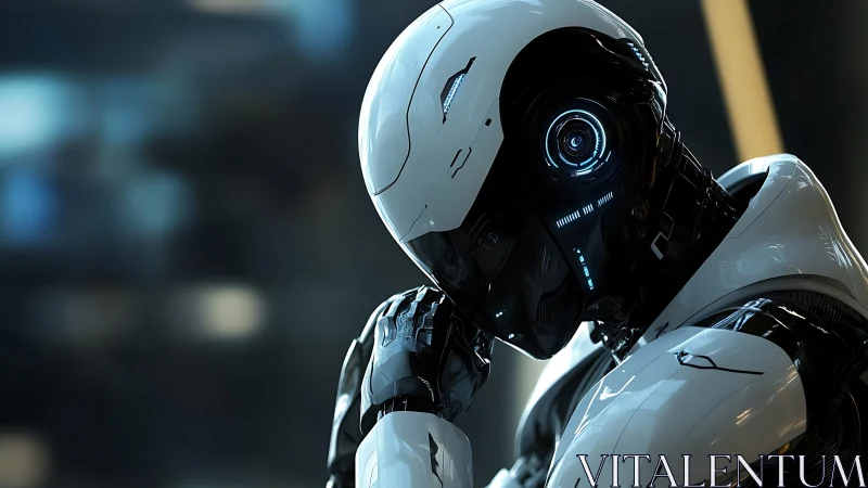 Humanoid robot in reflective pose under cool cinematic lighting
