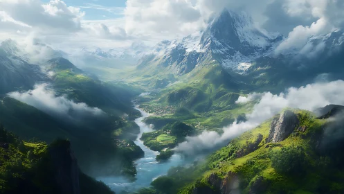 Aerial alpine valley river system under stratified cloud ceiling