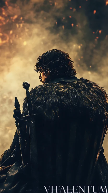 Solitary warrior broods on a dark throne amid drifting embers