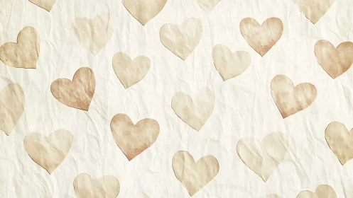 Beige hearts scattered across cream textured paper background