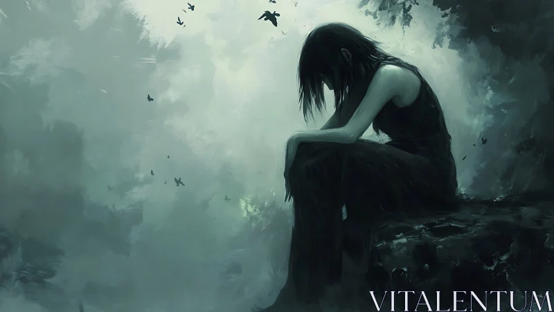 Solitary figure rests in mist, immersed in quiet sorrow.