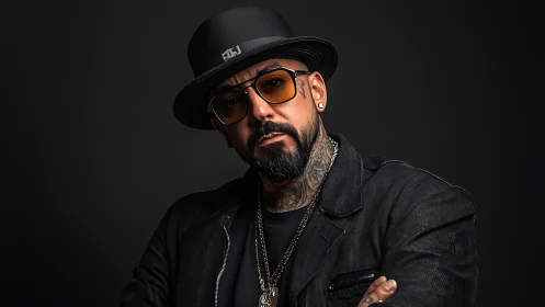 Studio portrait of tattooed man in hat under controlled lighting.