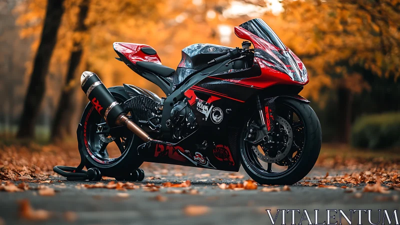 Crimson sport bike glowing against soft golden autumn trees.