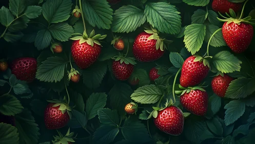 Sunlit strawberry vines glow with ripe, garden-fresh sweetness