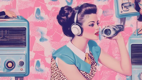 Stylized woman with headphones operates camera near radios