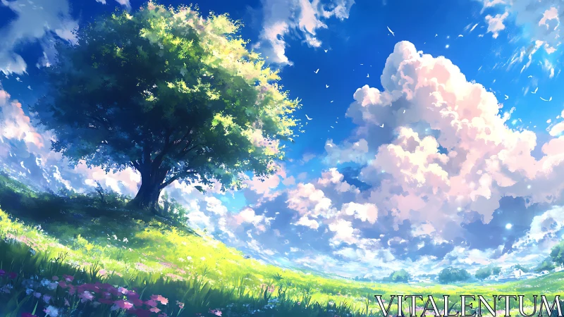 Solitary tree on sunlit meadow under expansive clouds.