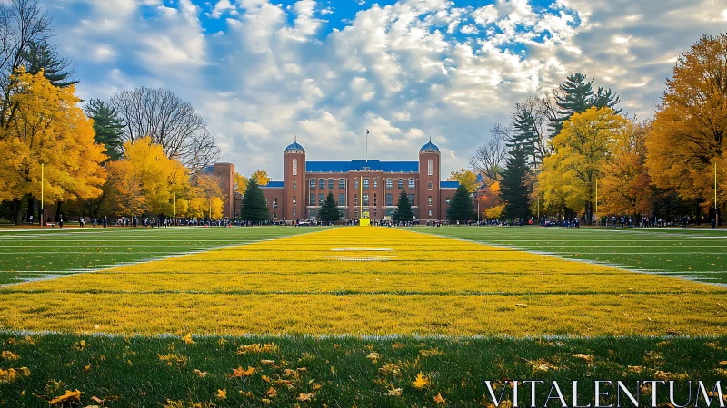 College football field under vivid autumn foliage sky.