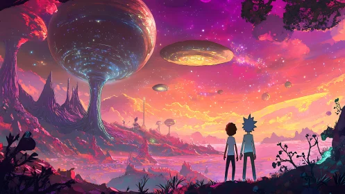 Futuristic alien landscape with two figures observing sky.