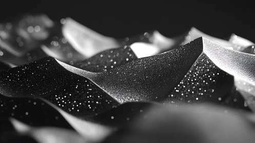 Curved metallic surfaces form glittering abstract wave shapes