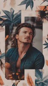 Male portrait in teal denim with layered botanical collage