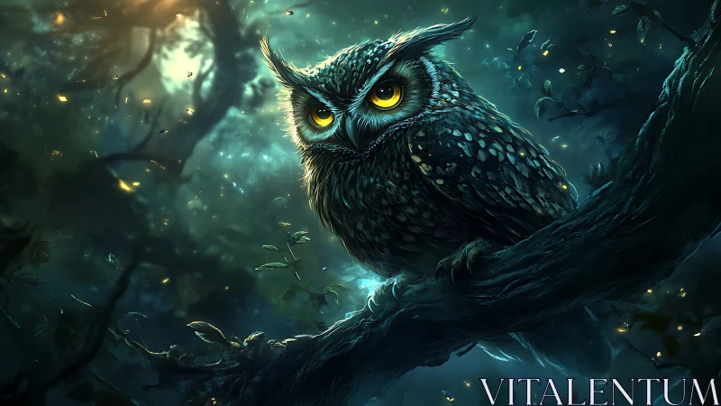Mystic forest owl rests on a moonlit branch and gently watches