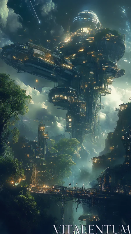 Futuristic vertical city rising above lush jungle canopy.