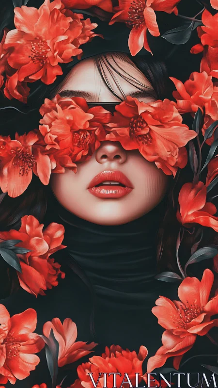 Female portrait obscured by dense red blossoms on black.