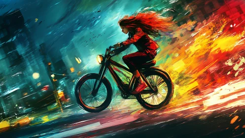 High-Speed Urban Cyclist with Dynamic Motion Blur and Chromatic Lighting Effects