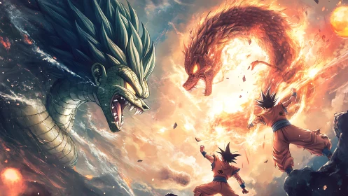 Two fighters confront twin elemental dragons amid explosive sky