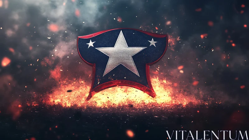 3D metallic star emblem in explosive cinematic composition.