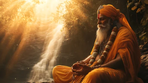 Mystic sage in saffron robes under cascading waterfall light.