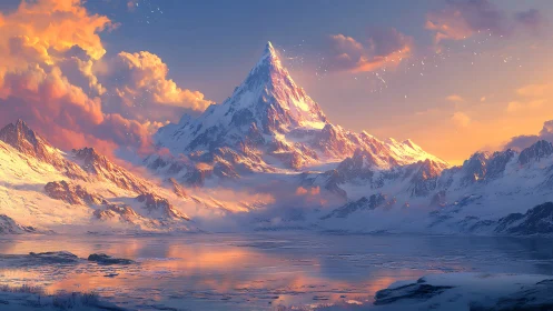 Golden sunrise kisses a tranquil snowcapped mountain peak