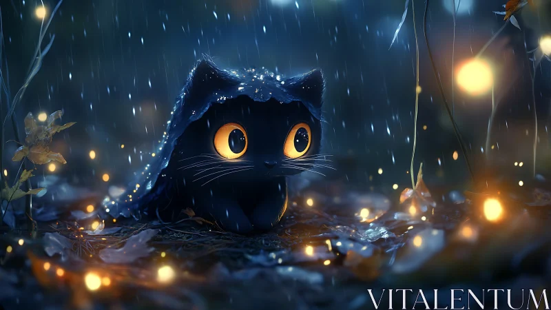 Black Cat Sheltering in Rain with Glowing Eyes and Warm Bokeh Lights